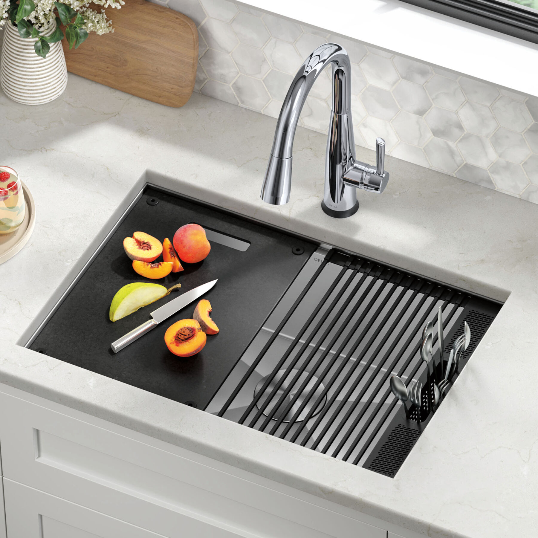 27” Workstation Kitchen Sink Undermount 16 Gauge Stainless Steel Single Bowl with WorkFlow™ Ledge and Accessories, image 14